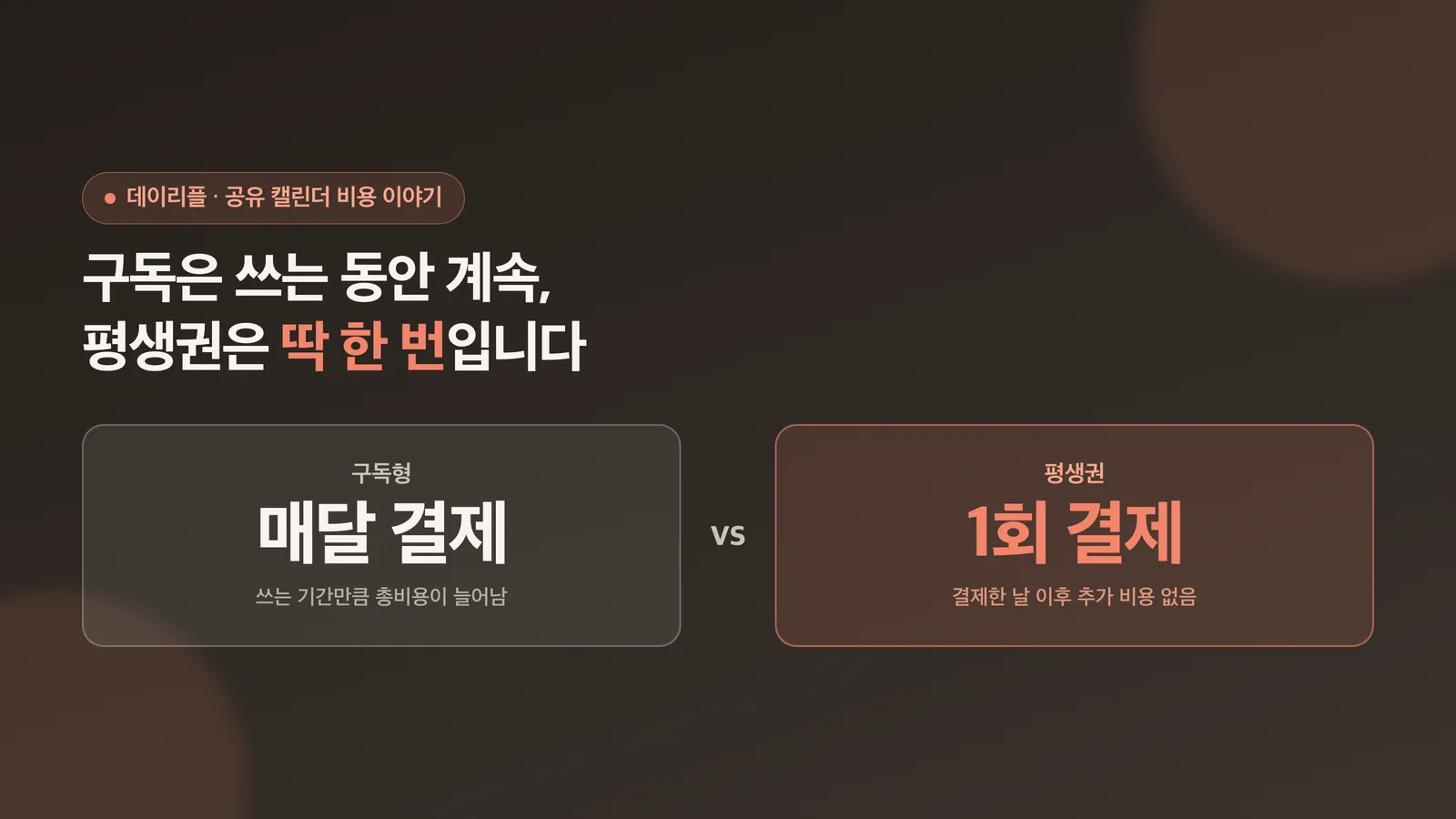 구독은 계속, 평생권은 한 번이라는 대비를 보여주는 표지 이미지