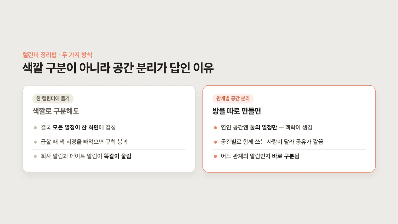 한 캘린더에 몰기와 관계별 공간 분리의 비교