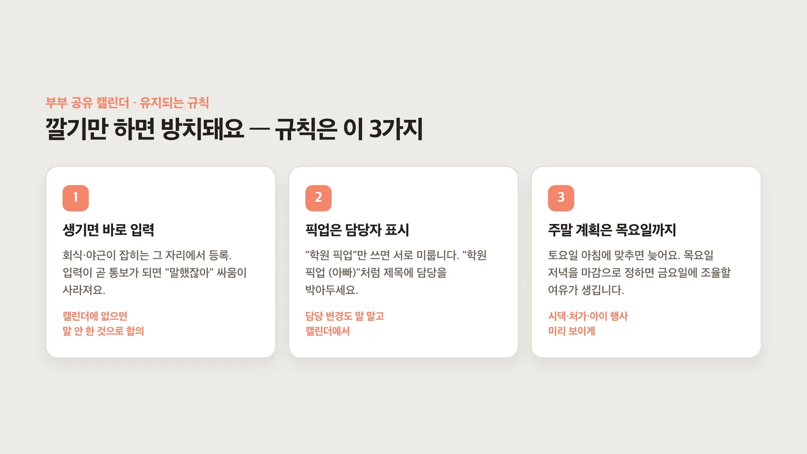 즉시 입력·담당자 표시·주말 계획 마감 세 가지 규칙