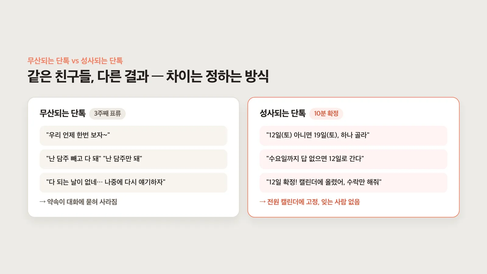 무산되는 단톡과 성사되는 단톡의 비교