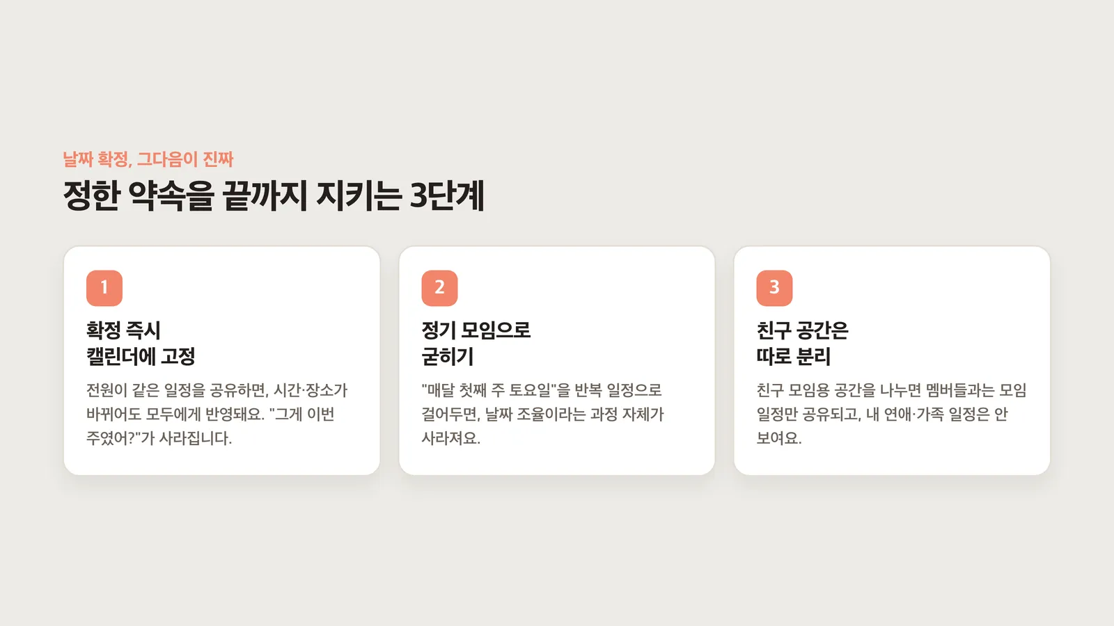 날짜 확정 후 등록·공유·위젯 3단계
