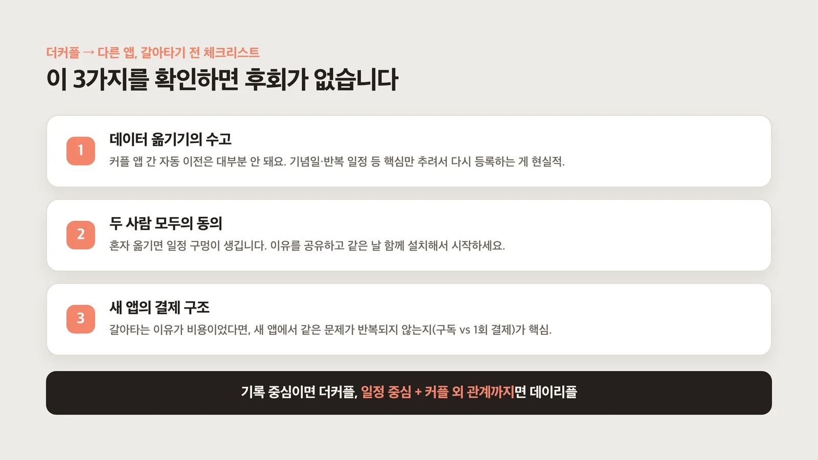 데이터 이전·두 사람의 동의·결제 구조 확인 카드