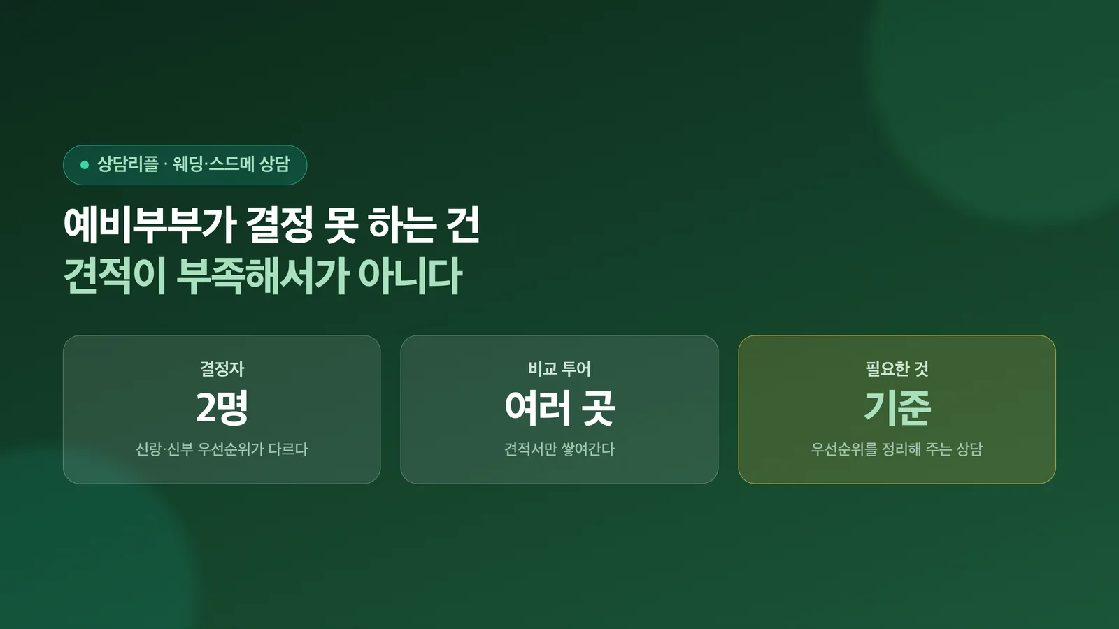 예비부부가 결정하지 못하는 세 가지 이유와 기준의 필요성을 보여주는 표지 이미지